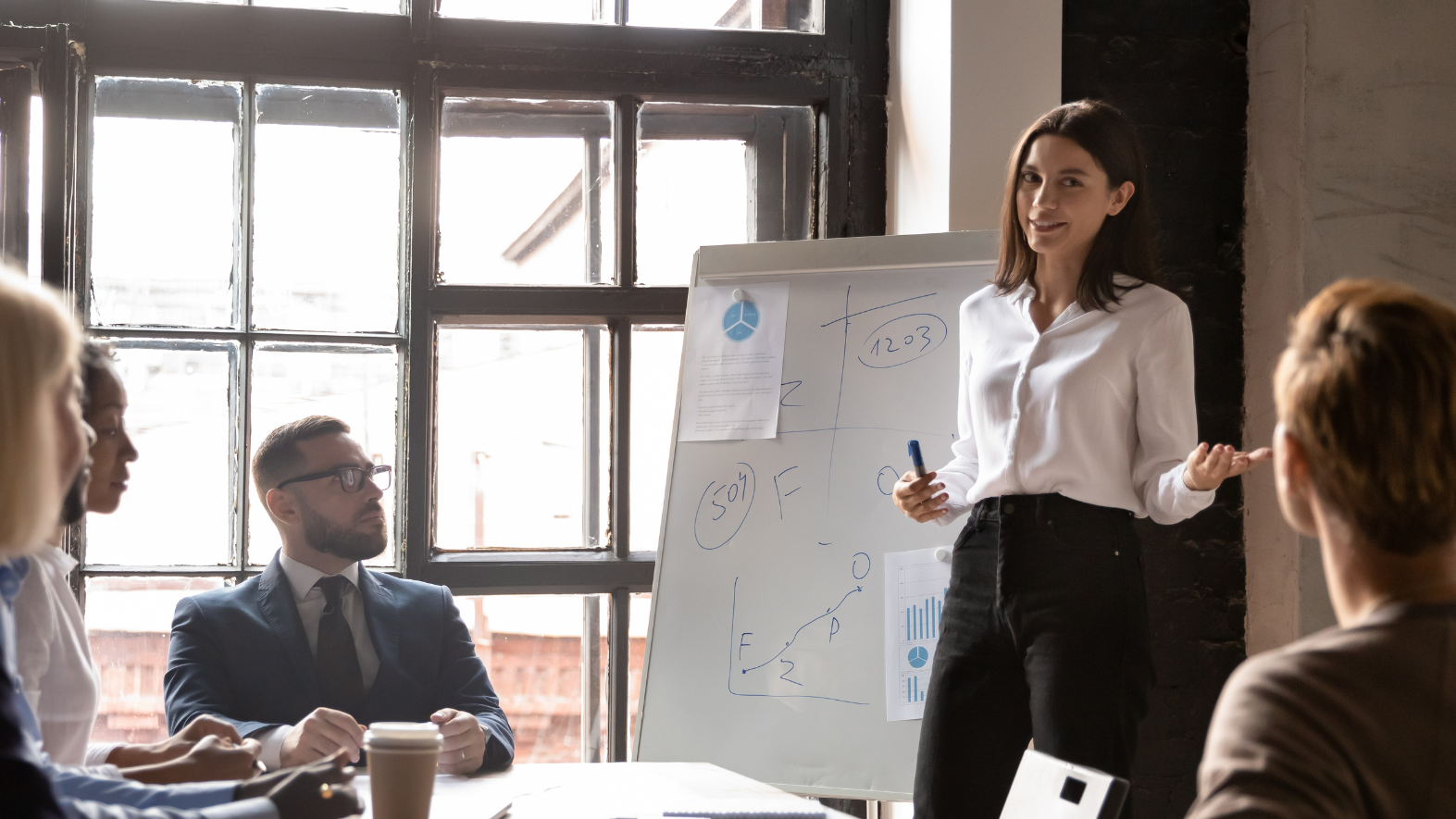 Business meeting with woman leading